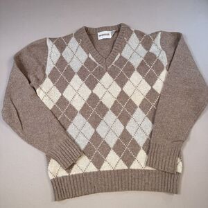 VINTAGE 80s McGregor Sweater Mens Large Brown Tan Wool Blend Argyle Pullover